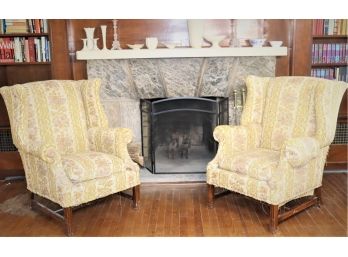 Pair Of Rolled Arm Wing Back Chairs. Ware Consistent With Age And Use