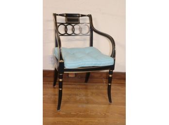 Ebony Open Arm Chair With Cane Seat. Ware Consistent With Use