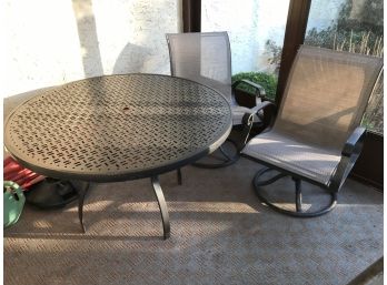 Outdoor Living Dining Set - Lattice Top Metal Umbrella Table With 4 Chairs  & Side Table