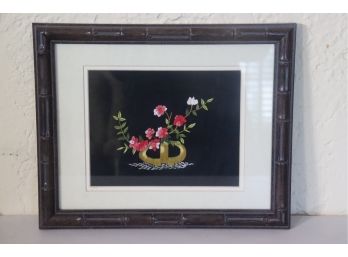 Fabric Art - Flowers On Black Background Embroidery, Faux-Bamboo Frame