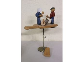 Folk Art Carved Couple Splitting A Log  - String Pull Movement Toy