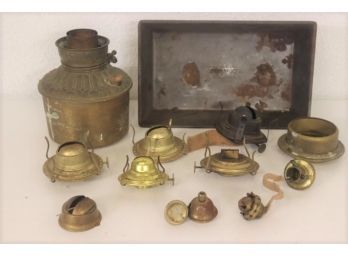 Mixed Metal Lot: Mostly Oil Lamp Burners And Collars Plus A Baking Loaf Pan