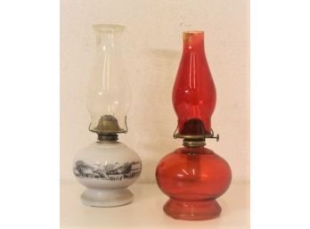 Two Vintage Glass Hurricane Oil Lamps: Farm Tableau On White Glass & Translucent Vermilion