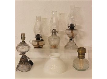 Group Lot Of Vintage Glass Oil Lamps -one Converted To Electric And A Hobnail Milk Glass Shade