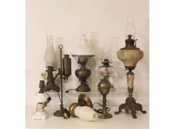Grouping Of Vintage Brass, Glass, And Porcelain Oil Lamps - Half Of Them Converted To Electric