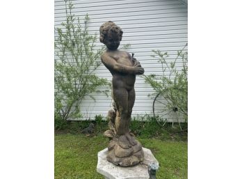 Cast Cement Garden Fountain With Figural Boy And A Frog