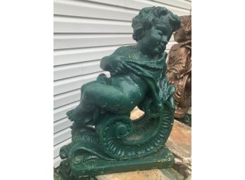 Heavy Painted Classical Putti Garden Statue Holding Blanket-Green #6