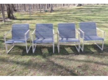 Set Of Four (4) Modern Square Frame And Blue & White Vinyl Strap Patio Chairs