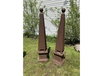 Pair Of Painted Cement Obelisk On Pedestal -Heavy Painted