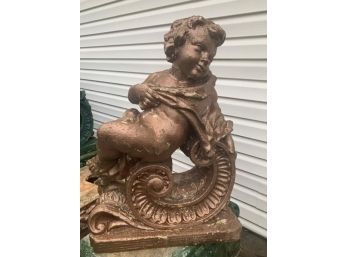 Heavy Painted Classical Putti Garden Statue Holding Blanket-Gold #4