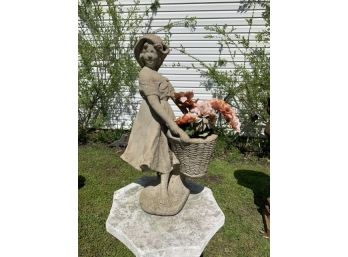 Cement Outdoor Statue Of A Girl Holding A Basket