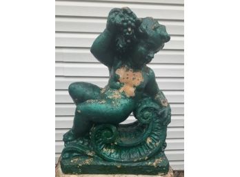 Heavy Painted Classical Putti Garden Statue Holding Flowers-green #5