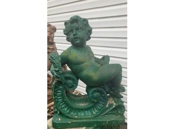 Heavy Painted Classical Putti Garden Statue Holding Wheat -Green #1
