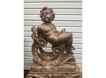 Heavy Painted Gold Classical Putti Garden Statue Holding Wheat #2