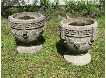 Pair Of Concrete Planters With Grapes And  Greek Key -Antique