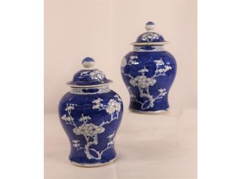 Pair Of Blue & White Ginger Lidded Jars -Decorative