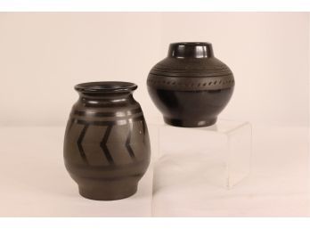 Pair Of   Vintage Artisan Romania Marginea Black Pottery Vase Signed Matte Glaze