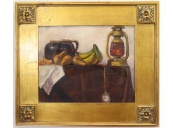 Bananas, Pocketwatch, And Lantern Still Life On Canvas - Medallion And Wide Plank Frame