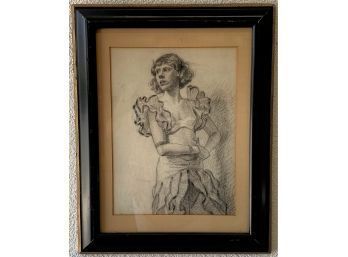1948 Original Charcoal Sketch Portrait By Charlotte Williamson, Framed And Signed Verso