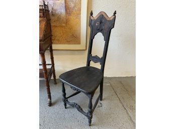 Narrow High Back Black Stained Gothic Arch Side Chair - Pieces Of Wood Ornament And Finial Missing