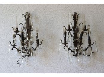 Pair Of Bronze And Glass Crystal Sconces -19'H