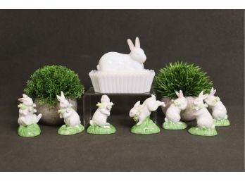 Hop On This Lot:  Milk Glass Lidded Rabbit Dish & 7 Bunny-In-Action Ceramic Figurines
