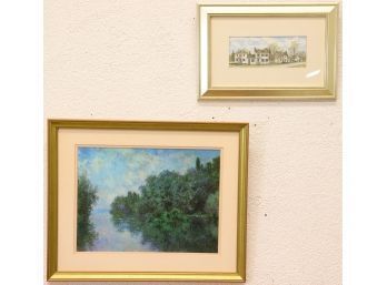 Quaint Pair Of Complementary Framed And Matted Prints - The Village And The River