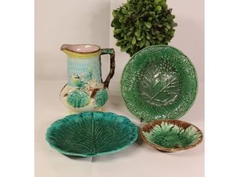 Group Lot Of Leaves And Branches Inspired Majolica - Plate, Pitcher, And Two Low Bowls