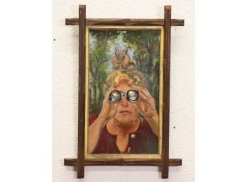 Squirrel Watching With Esther - Original Oil On Canvas Board With Oxford Corner Frame, Signed