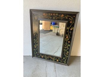 Wall Mirror With Painted Floral Band On Wide Black Moulding
