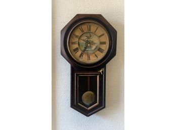 Octagonal Pendullum Wall Clock - Bald Eagle & Old Glory Shield Centerpiece