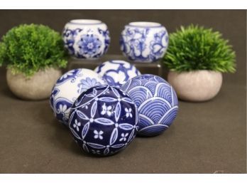 Six Small Blue & White Chinoiserie Spheres - Two With Well For Tea Light