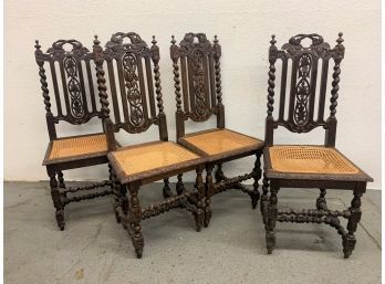 Impressive Set Of 4 Jacobean Gothic High Back Dining Chairs With Cane Seats