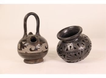 Folk Art Earthenware Tea Pot/Pouring Vessel And Sunburst Pierced Incense/Candle Holder