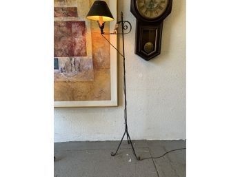 Vintage Cast Iron Bridge Arm Floor Lamp With Black Shade And Leaf Scroll Motif