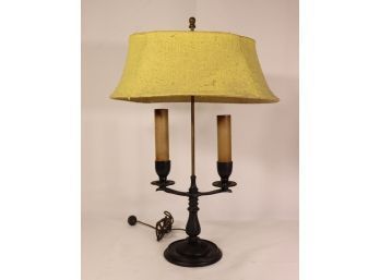 Vintage Twin Candelabra Farmhouse Lamp - Butter Yellow Fiber Shade