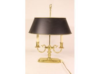 Brass Neoclassical Bouillotte Twin Candelabra Lamp With Tole Shade