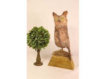 Who Dat? Primitive Folk Art Owl Sculpture -ceramic On Wood Pedestal