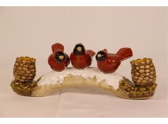Majolica FigurScene Three Red Robins On Branch With Two Pine Cone Candle Wells