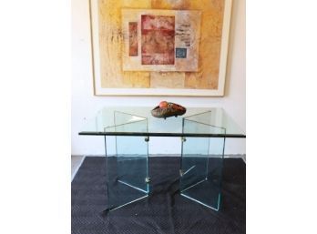 Beautiful Glass On Glass Dining Table - Double Bevel Edge Top With Minimalist Brass Harware