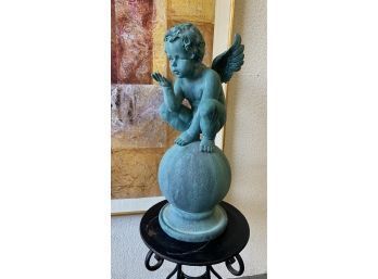 Crouching Cherub, Missing Snail: Cast Resin Garden Statue Baby Angel On A Ball