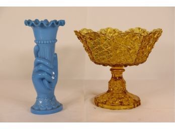 Blingy Amber Cut Glass Pedestal Compote AND Blue Opaline Glass Hand Holding Cornucopia