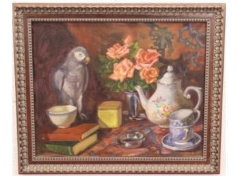 Still Life On Canvas Roses, Parrot, Tea Time - Signed Burton, On Book Spine Inside Narrative Of Painting