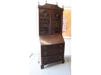 Regency Style Mahogany Secretary Bookcase Woth Oval Mullion Glazed Doors