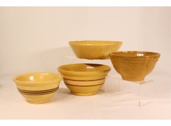Jaunty Group Of Yellow Stoneware:  2 Sizes Banded Mixing Bowls, 1 Raised Scallop Embossed, 1 Rustic Taper