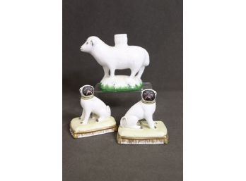 Figurine Trio: Porcelain Candle-Holding Lamb And Pair Of Italian Pug Dogs