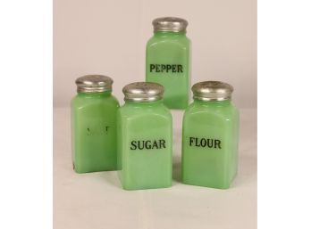 Vintage Jadeite Shaker Quartet Set: Flour, Sugar, Salt, Pepper - Brushed Metal Perf Tops