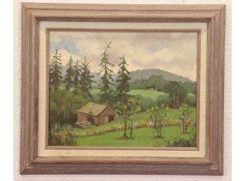 A Very Green Country Scene - Framed & Matted Painting On Canvas Board