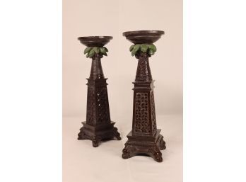 Set Of Two Pillar Candle Holders In The Palm Beach Regency Style
