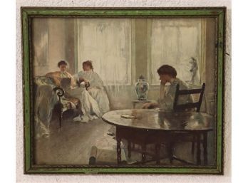 Amazing Patina Green Painted Wood Frame - Reproduction Of 'three Girls Reading' E.Tarbell 1907